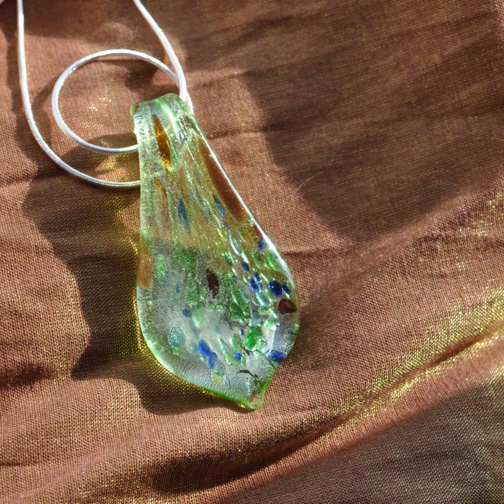 Green Murano Style Focal Glass Pendant Multicolor 925 Silver Necklace (3033)